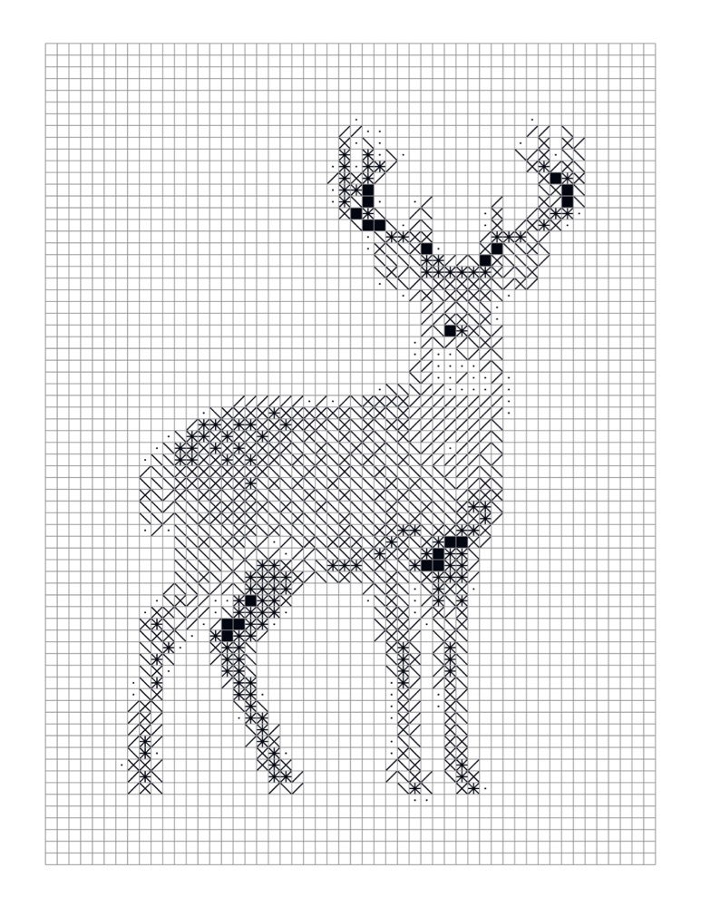 The finished puzzle: a standing deer with antlers, drawn in dots, slashes and crosses